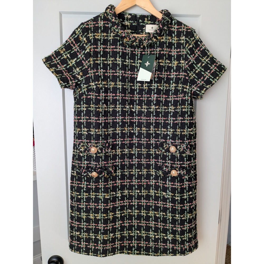 Tuckernuck Holly Tinsel Tweed Short Sleeve Jackie Dress Black Multi L